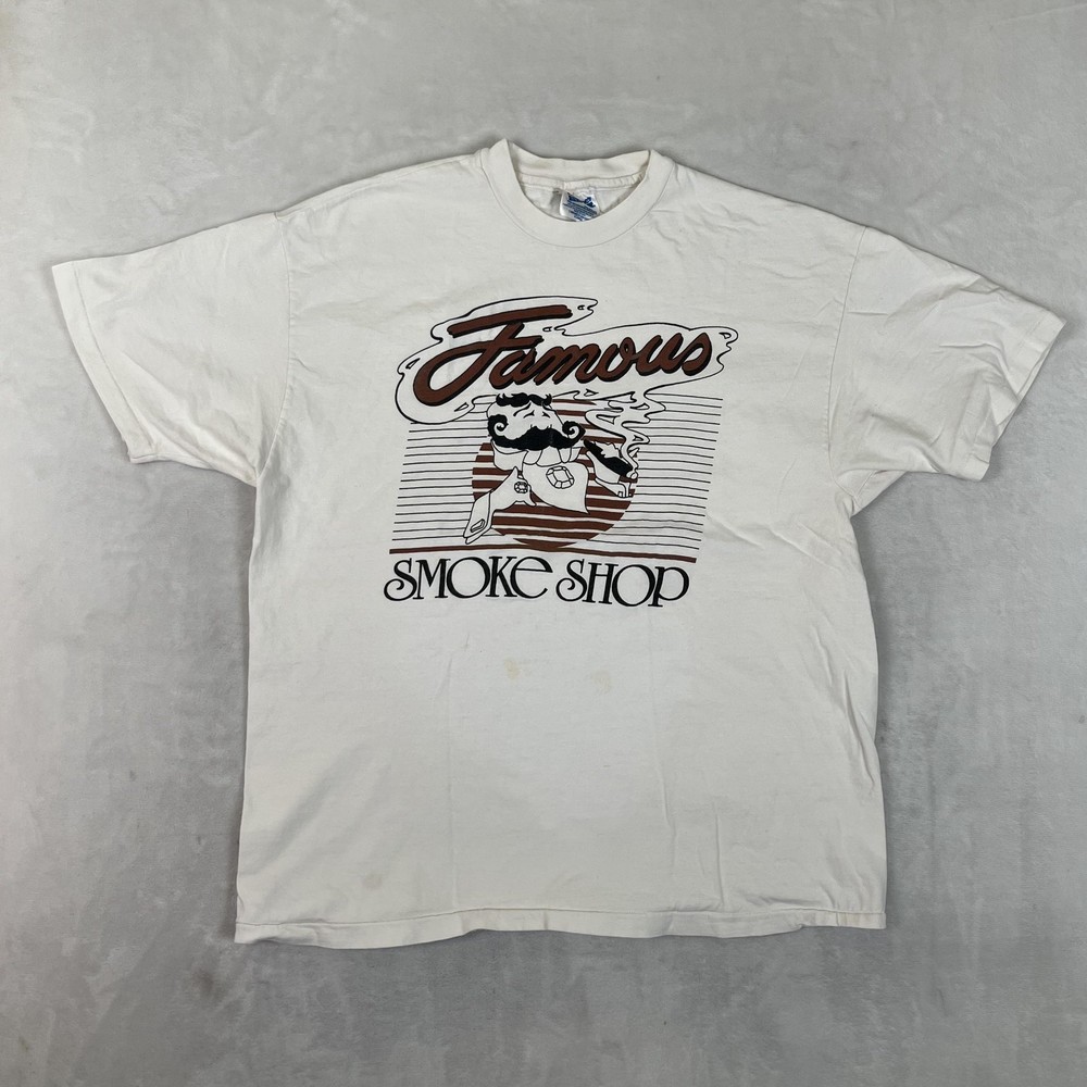 Vintage Famous Smoke Shop Shirt Mens XL White Graphic Hanes Beefy-T Made USA 90s