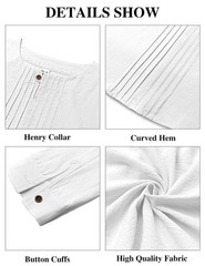 Men’s Linen Shirts Casual Long Sleeve Pleated Front T-Shirt Button Henley Col…