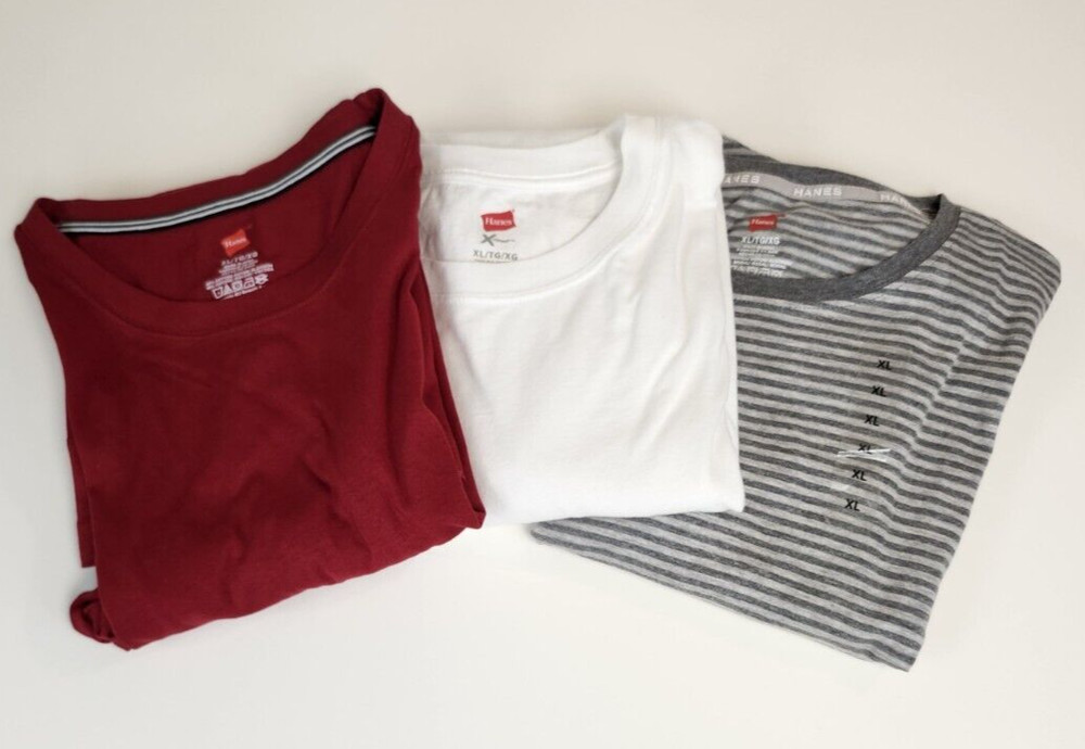 Lot 3Hanes t-shirt Mens XL Shirts 1 Short /2 Long Sleeve Hanes Striped Red White