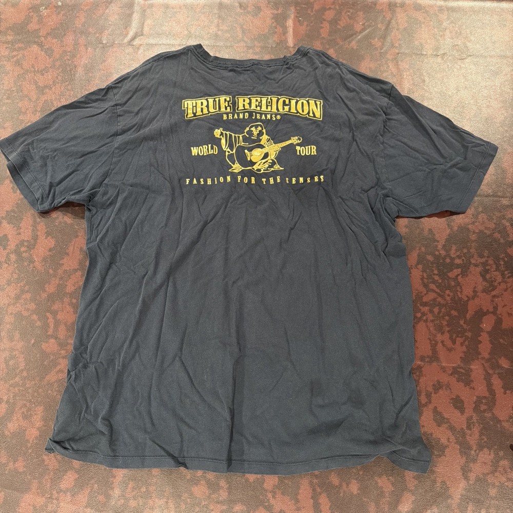 True Religion Mens XXL Black Gold Metallic World Tour Buddha Graphic T-Shirt