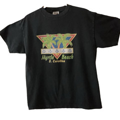 VTG Retro T-Shirt Black Sh Sl Preppy Logo MYRTLE BEACH S. Carolina Palm Tree LG