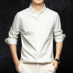 Spring Mens Long Sleeve Shirt Silk Cotton Business Casual Formal Slim Fit Shirts
