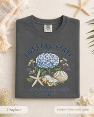 Coastal State of Mind Shirt, Comfort Colors Hydrangea Seashell Beach Tee