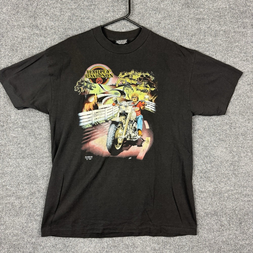 Men’s 1990 Harley Davidson 3D Emblem Made in USA Biker Earth Wizard T Shirt XL
