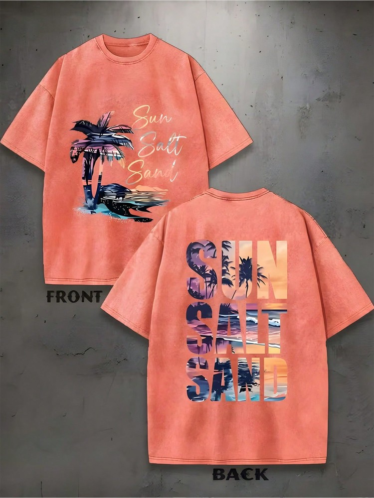 230gWashedCottonTshirtSunSaltSandPalmTreeDesignSeasideSummerVacationDailyWear