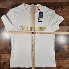 True Religion Shirt Men Large White Optic Tee Gold Metallic Logo Print New