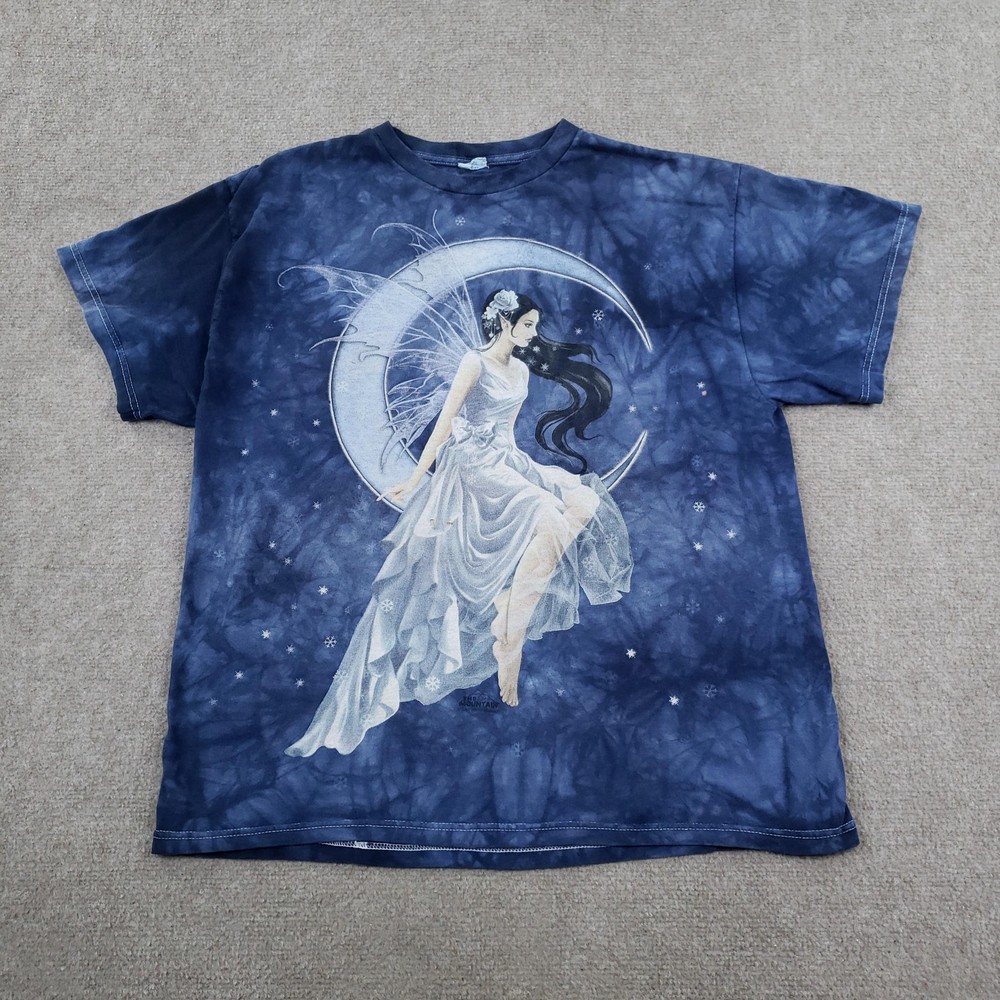 Vintage The Mountain T-shirt Mens Large Fairy Moon Tie Dye Blue Short Sleeve Y2K