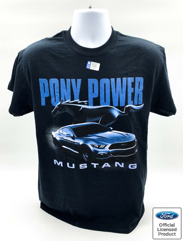 Ford Mustang T-Shirt – Black w/ Blue “Pony Power” Script & Running Pony Logo