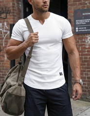 JMIERR Mens Muscle Slim T Shirts Texture V Neck Longline Henley Gym Workout Athl