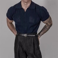 Men Hollow Lapel T Shirt Knitted Texture Fabric Korean Style for Daily Outings