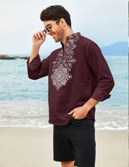 Men’s Casual Henley Shirt Mid Sleeve Shirt Summer Zipper T-Shirt (Dark Red,M)