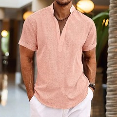 2023 Men’s Casual Short Sleeve Cotton Linen Shirts Streetwear Pure Color