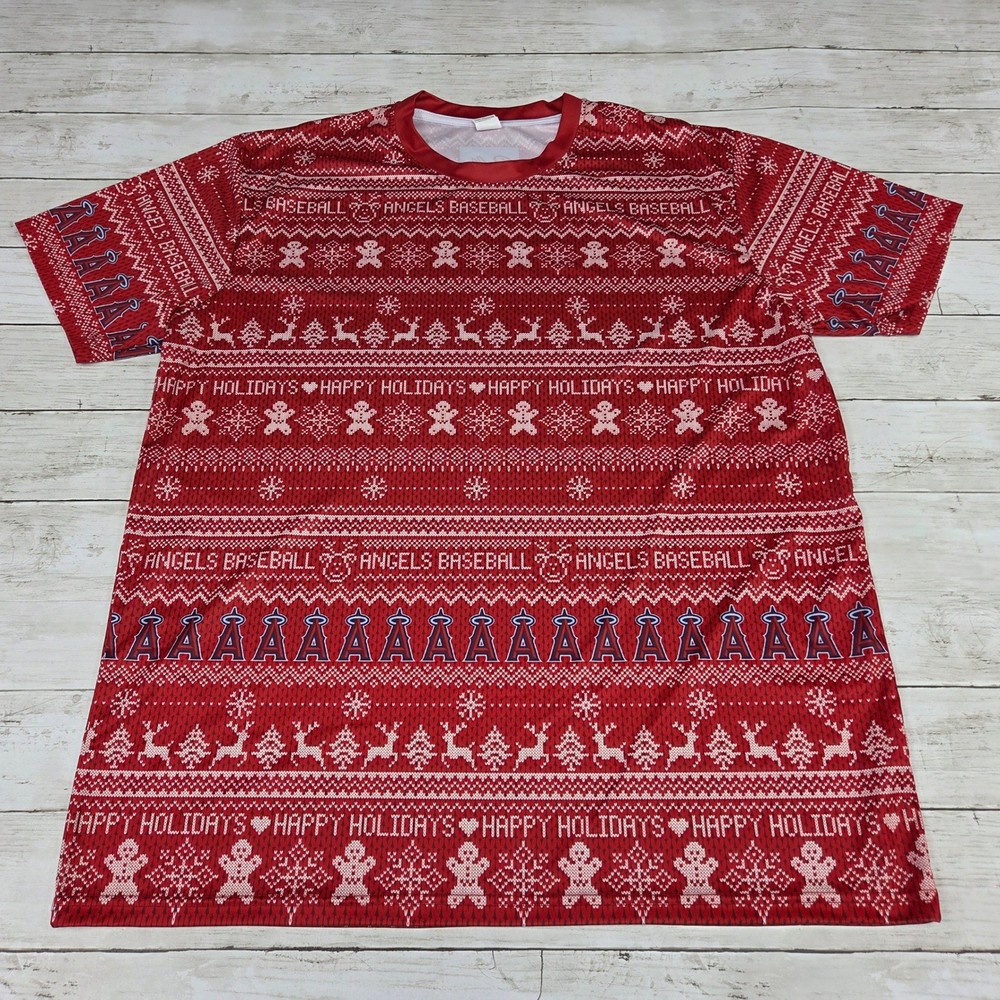 Los Angeles Angels T-Shirt Mens XL Red Holiday Ugly Sweater Print Baseball Tee