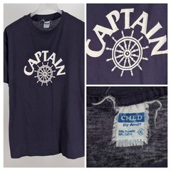 Vintage 70s 80s Ched By Anvil Captain Ships Wheel Nautical Tee Shirt Navy USA XL