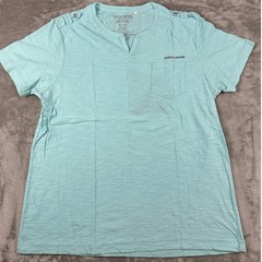 Guess Jeans Mens XL Aqua Blue Slub Knit Split Neck T-Shirt Shoulder Epaulettes