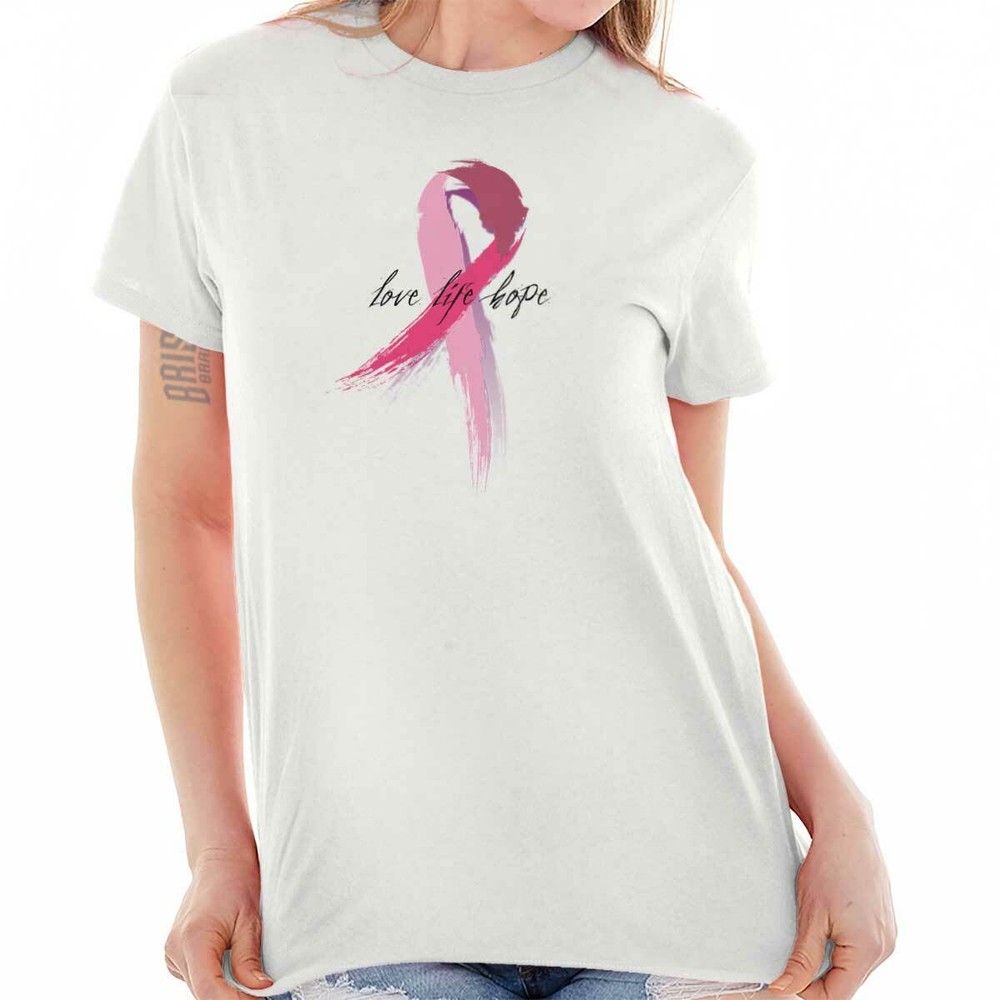 Hope Breast Cancer Pink Ribbon Strong Fight Womens Graphic Crewneck T Shirt Tee