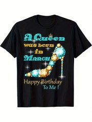 March Birthday Queen Graphic T-Shirt 100% Crew Neck Tee, Casual High Stretch
