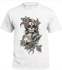 Female Sugar Skull Men’s T-Shirt White or Black or Gray Small to 3X-Large