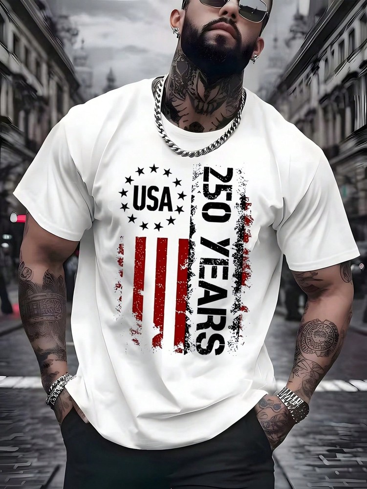 USA Flag 250th Anniversary Y2K Patriotic Digital Print Men’s Casual Cotton Tee