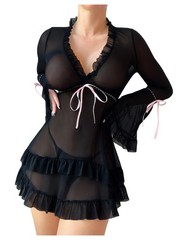 Women’s 2 Piece Babydoll Bow Lingerie Set Sheer Mesh Ruffle Long Sleeve Dress…