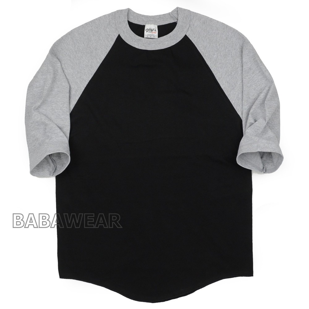 Shaka Plain Baseball Shirt Raglan 3/4 Sleeve Black Body Gray BABA Vintage Look
