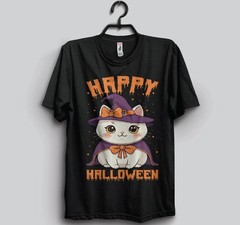 Happy Halloween T Shirt Cute Witch Cat Purple Hat Kitten Spooky Holiday Graphic