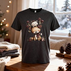 Unisex Christmas T Shirt With Cute Deer And Kitten Graphic Print In Winter Scene