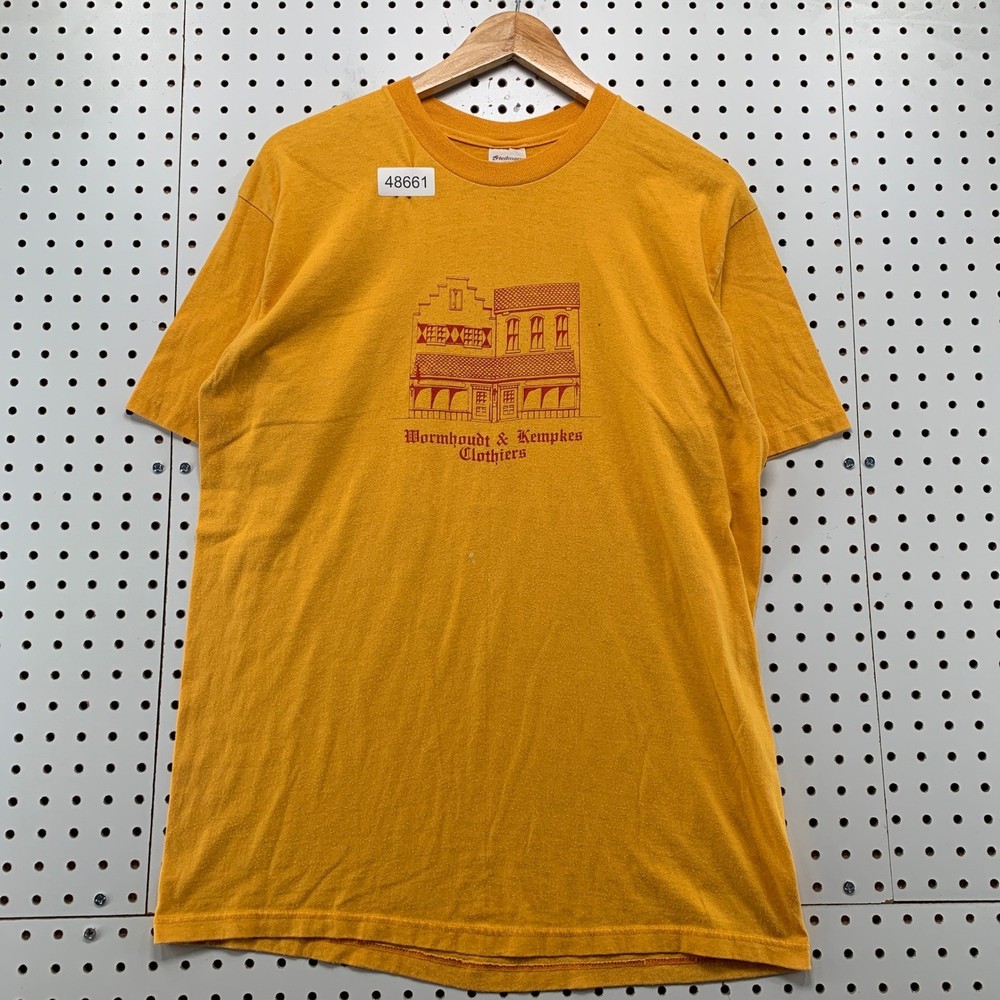 Vintage Stedman T Shirt Men XL Gold 80s Wormhoudt & Kempkes Clothiers Pella Iowa