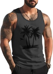 Mens Graphic Tank Tops Sleeveless Muscle Shirts Beach Palm Tree Hawaiian Gym Wor