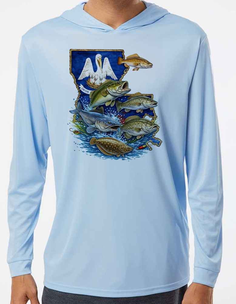 Louisiana Fishing Sun Summer Boat T-Shirt UV Protected UPF 50 Long Sleeve Hood