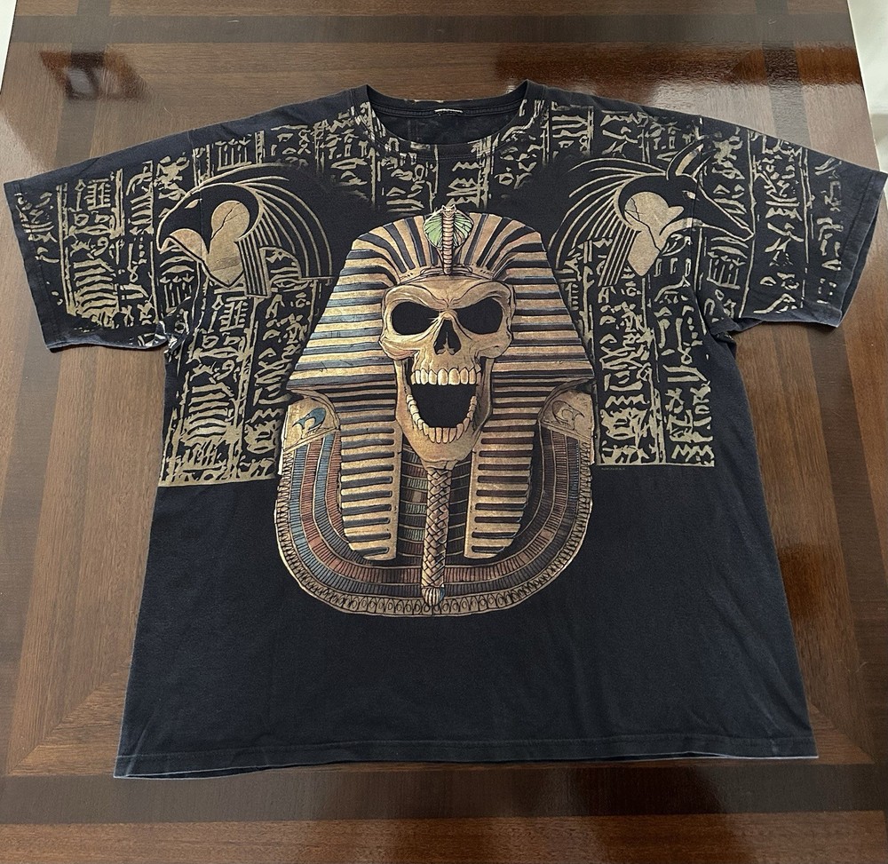 Vintage Liquid Blue Shirt Egyptian Skull Pharaoh Graphic Tee Black Mens Size XXL