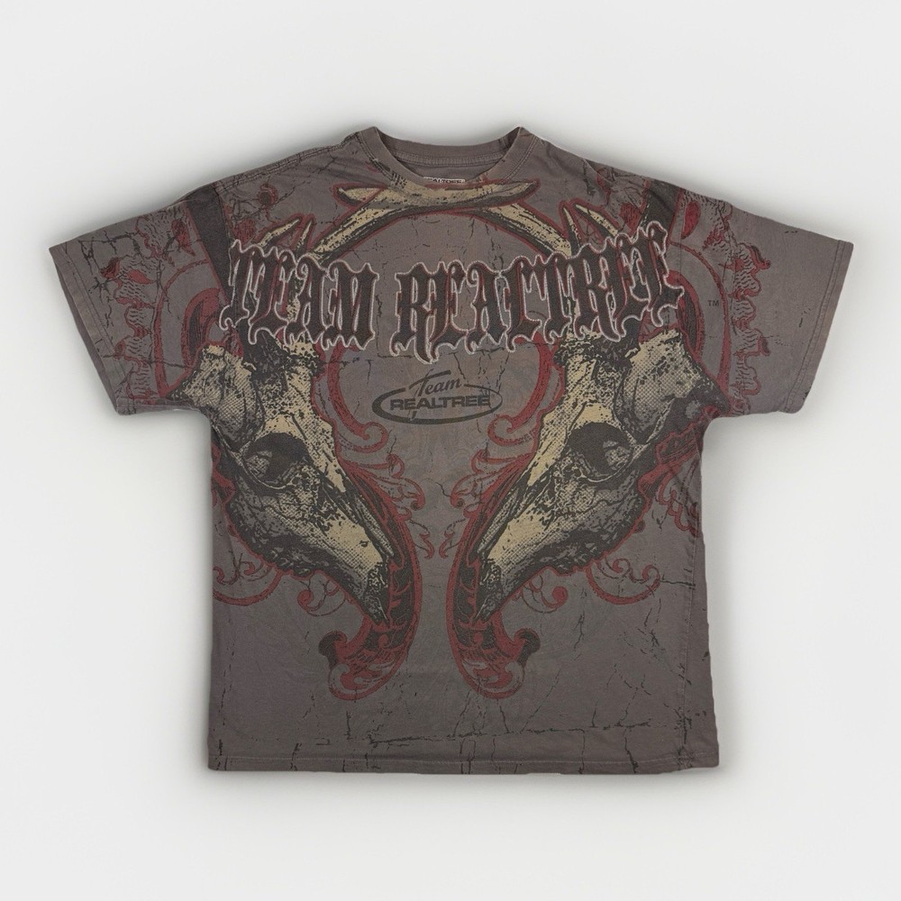 Y2K Team Realtree T Shirt Mens XL AOP Skull Antler All Over Print Gray *See Pics