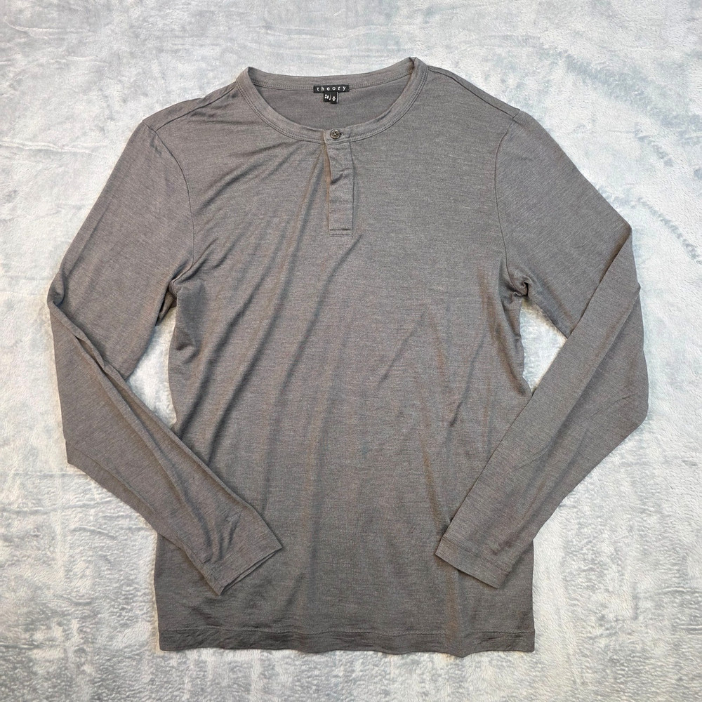 THEORY Long Sleeve HENLEY Collared Shirt Men’s MEDIUM M Gray SILK WOOL Thin Knit