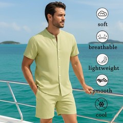 Men’s Casual Stand Collar Button Shirt and Shorts Set – Hawaiian Beach Vacati…
