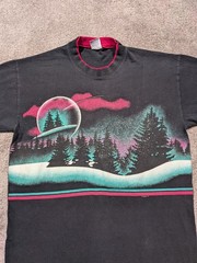 VTG Cal Cru Habitat Shirt Northern Lights Trees Print 1991 Mens Size L Black
