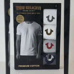 TRUE RELIGION LOUNGEWEAR 3 + 1 PACK CREW NECK TEES MEN SZ L METALLIC LOGO W/G/B