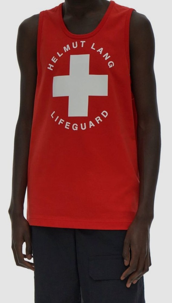 $150 Helmut Lang Men’s Red Sleeveless Lifeguard Graphic T-Shirt Size S
