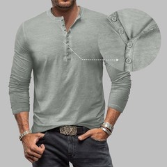Mens Henley Grandad Casual Shirts Long Sleeve Muscle Slim Fit Button T Shirt Top