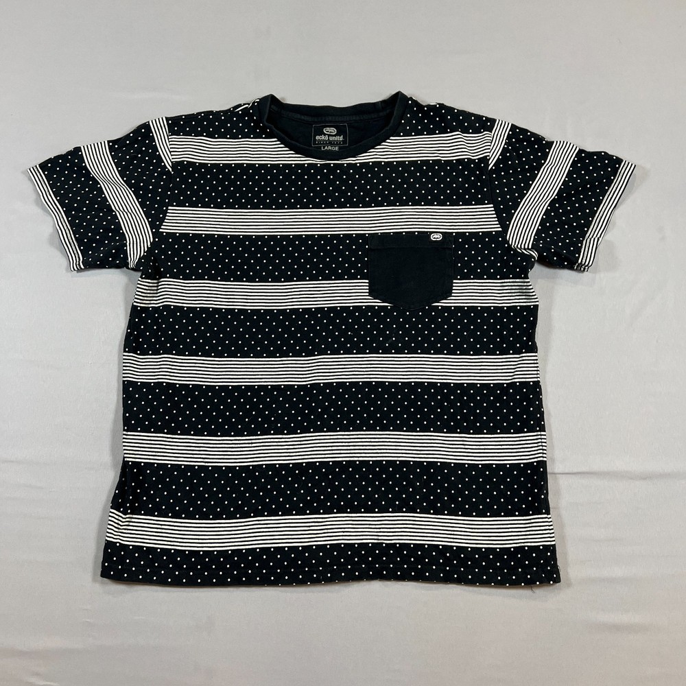 Ecko Unltd T Shirt Mens L Black White Polka Dot Cotton Straight Hem Short Sleeve