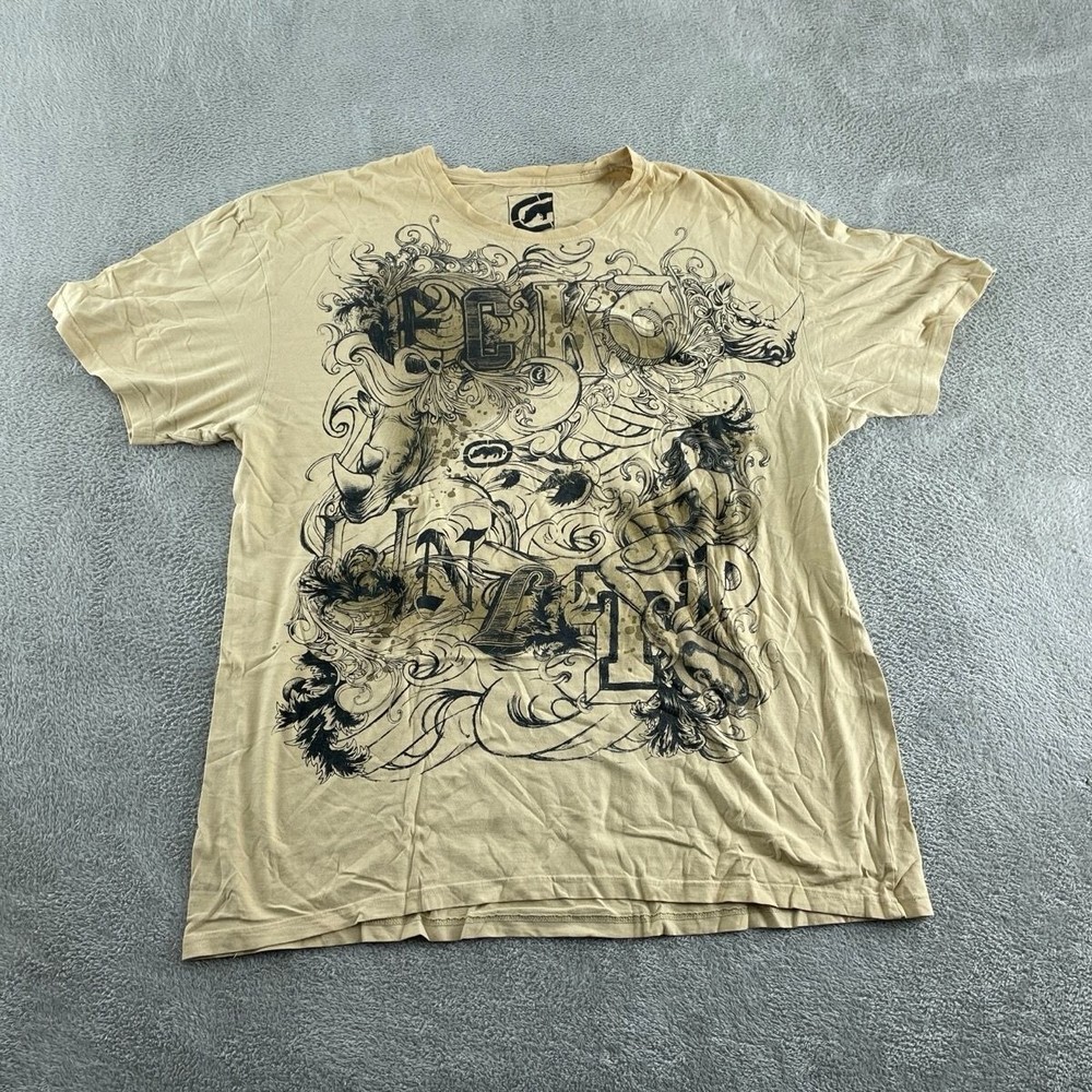 Y2K Ecko Unltd Beige Graphic Print T-Shirt 2XL 100% Cotton Mens Casual Wear 4135