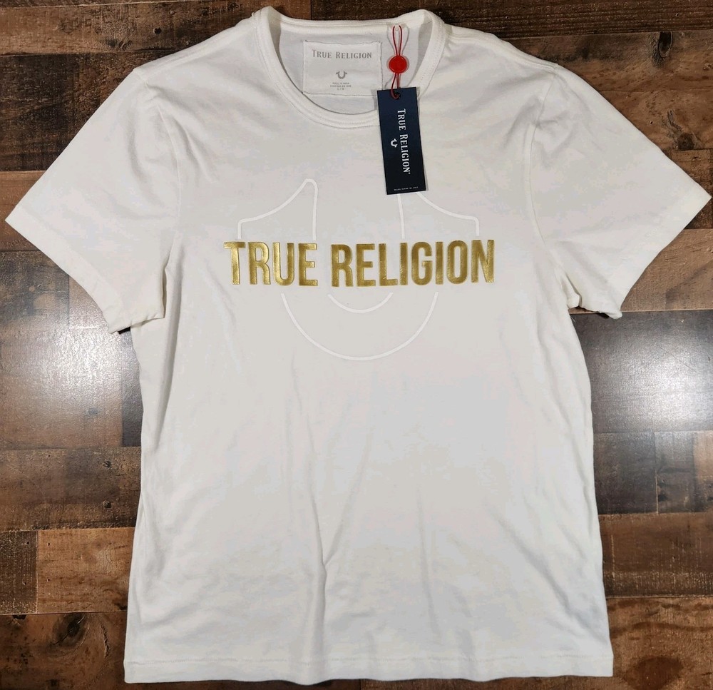 True Religion Shirt Men Large White Optic Tee Gold Metallic Logo Print New