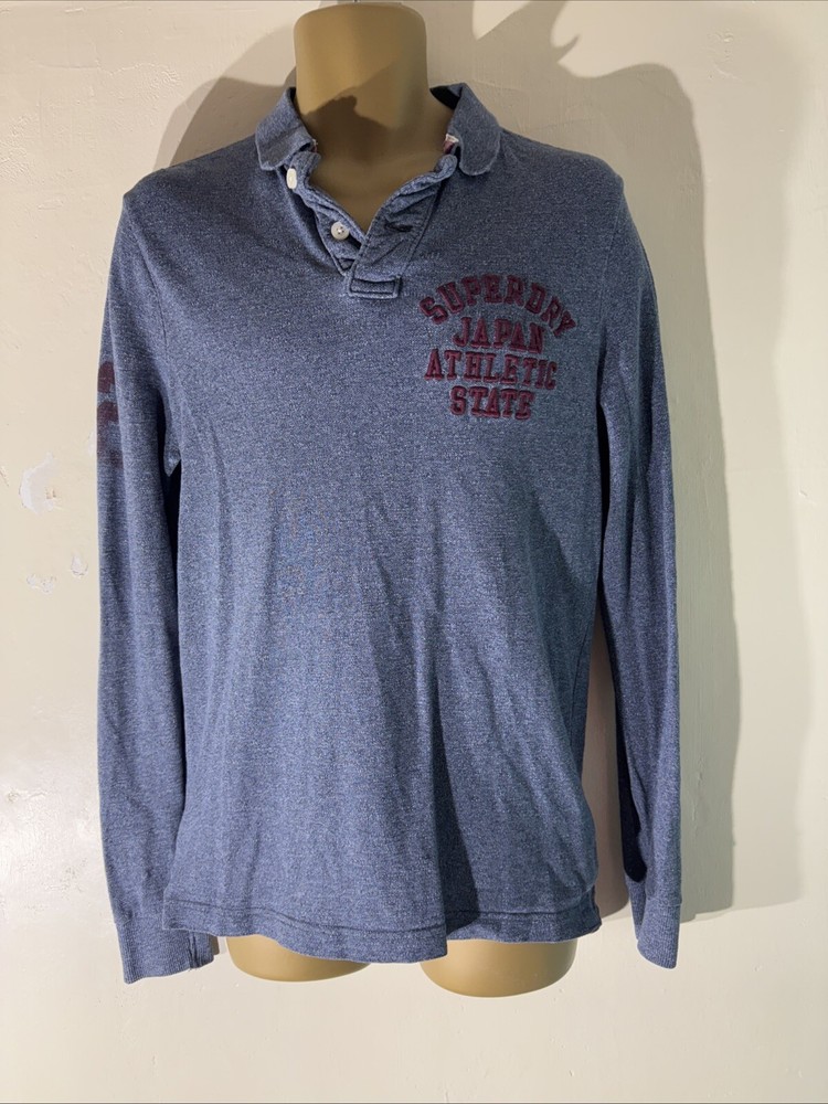 mens Superdry Size Medium Dark Blue Marl Long Sleeve Classic Polo Shirt Top