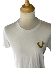 True Religion White Metallic Gold Buddha T-Shirt Medium M Cotton Round Neck S/S