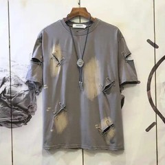 Men’s Punk Rock Distressed T-Shirt Safety Pin Hollow Out High Street Hip Hop Top