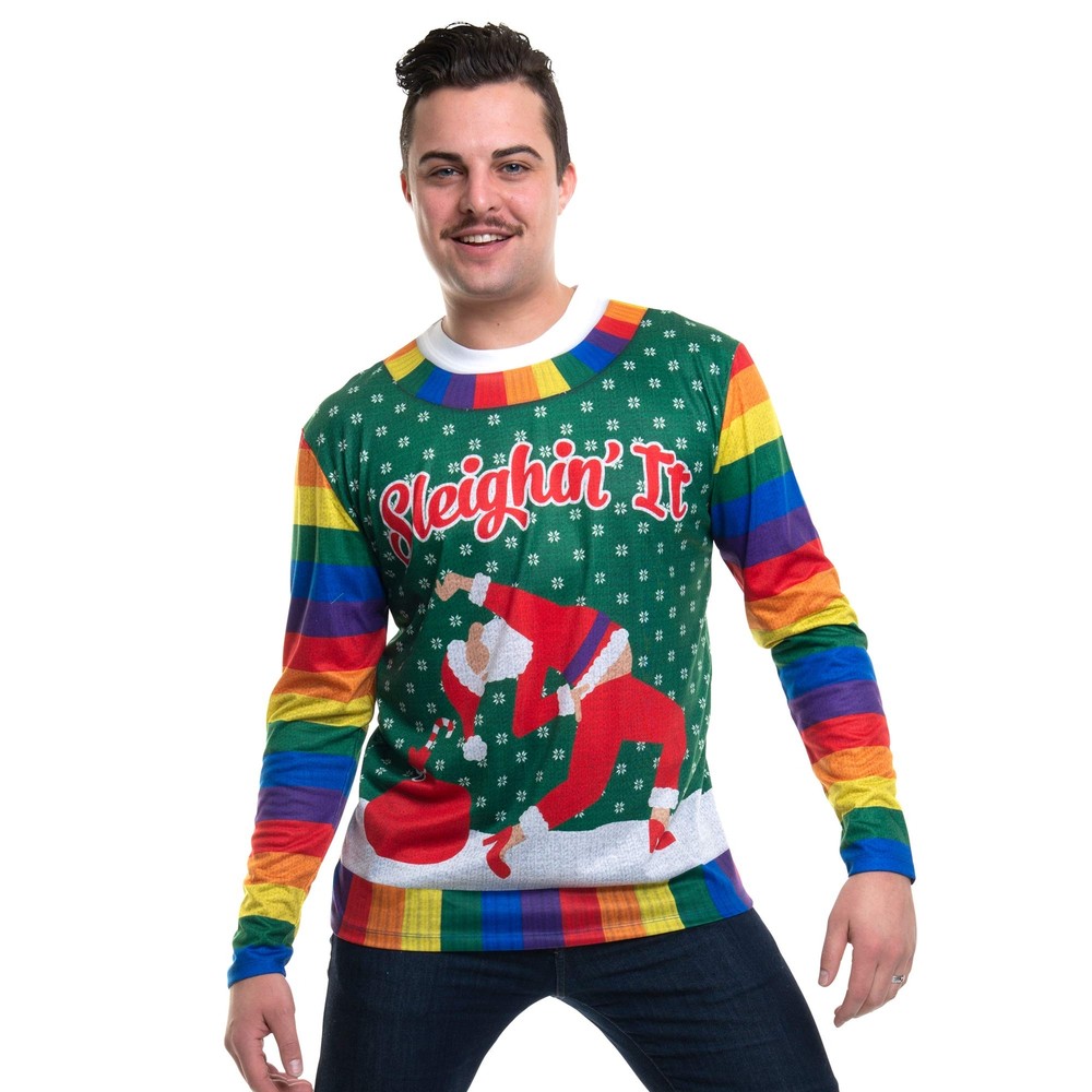 Faux Real Men’s 3D Ugly Christmas Sweater Long Sleeve T-Shirt, Holigays, Small