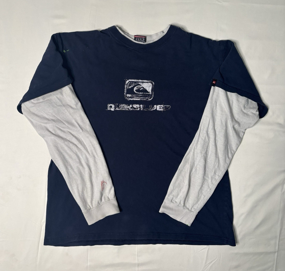 Quiksilver Men’s L Blue/White Knit Crew Neck Long Sleeve Graphic Logo T-Shirt