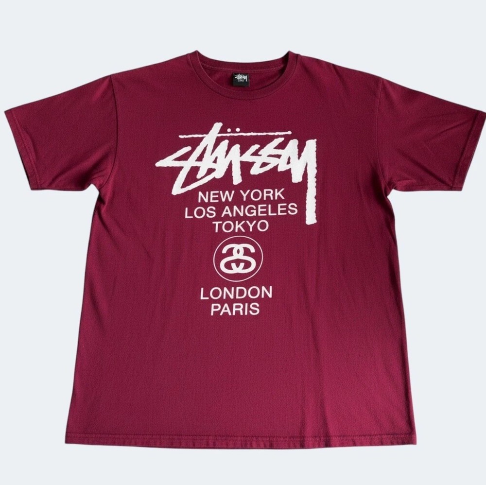 Stussy Burgundy World Tour Graphic T-Shirt Size Large Streetwear Skater Tee