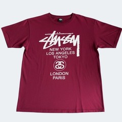 Stussy Burgundy World Tour Graphic T-Shirt Size Large Streetwear Skater Tee