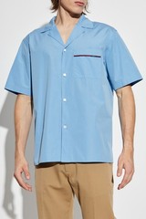 NWT Gucci Web Trim Cotton Poplin Camp Collar Shirt Light Blue IT 48 Authentic