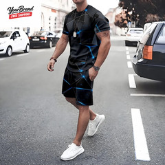 Plus Size Irregular Geometric T-Shirt Shorts 2-Piece Set Quick Drying Loose Men’